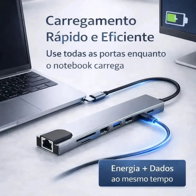HUB USB Tipo C, 8 em 1, HDMI, RJ45, USB 30, SD, Micro SD, TF, USB-C PD 87W