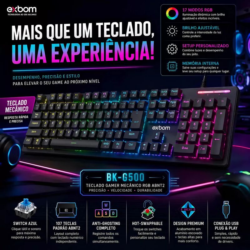 Teclado Gamer Mecânico Exbom BK-G500 RGB, Switch Azul