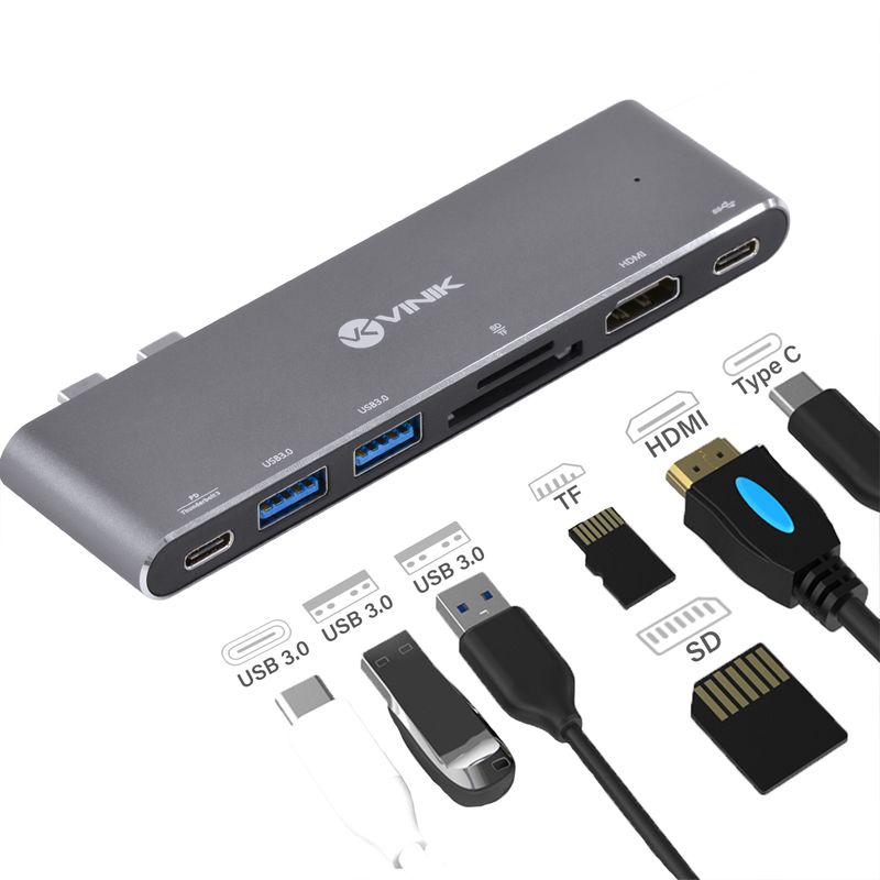 HUB USB Tipo C,  7 em 2 - 2x USB 3.0 + Leitor Cartão SD TF + HDMI + Thunderbolt 3 + Power Delivery 100W - HC-72