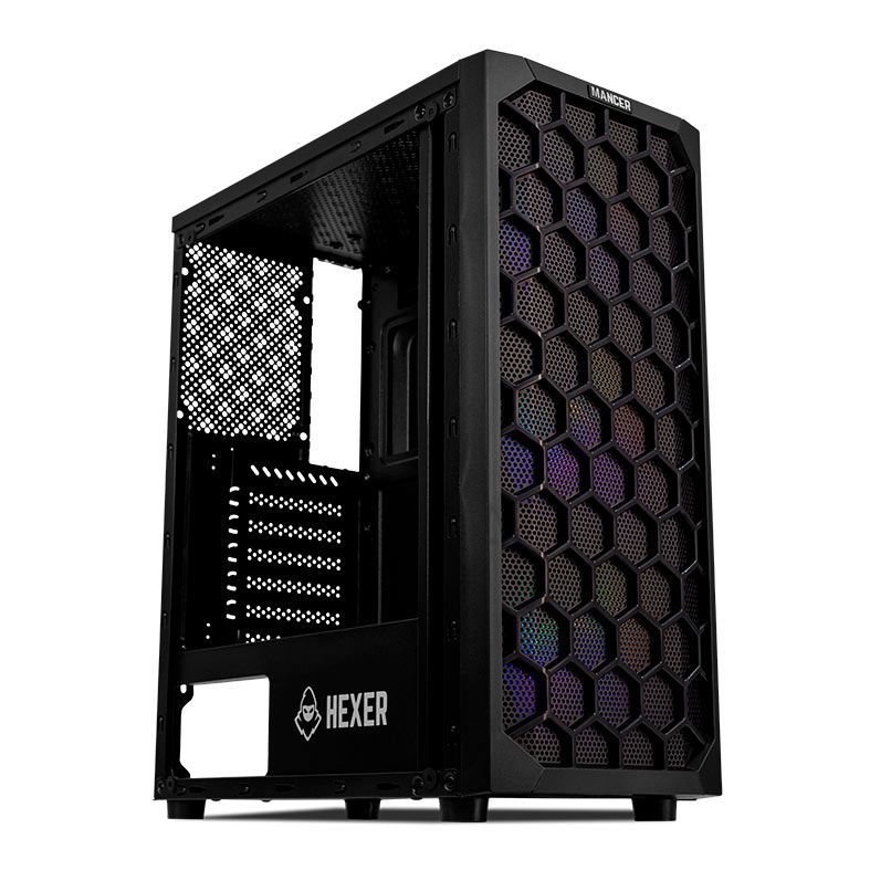 Gabinete Gamer Mancer Hexer, Rainbow, Lateral de Vidro, Com 3 Fans, Preto, MCR-HEX-RB01