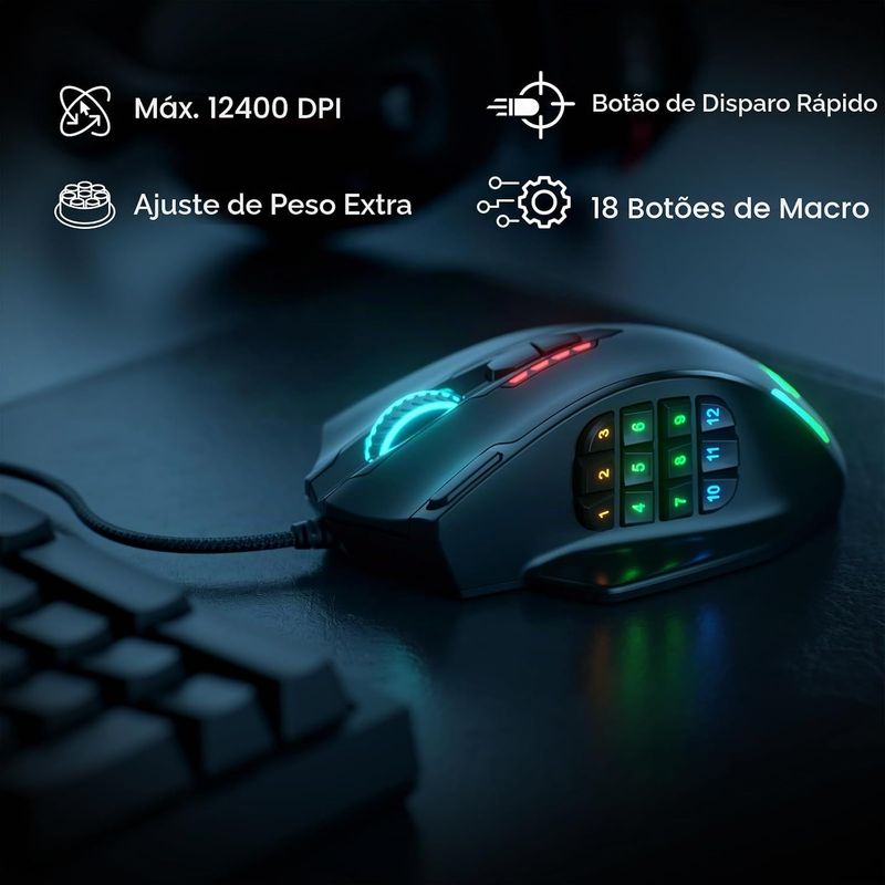 Mouse Redragon M908 Impact RGB 12400DPI, 12 Botões Programáveis