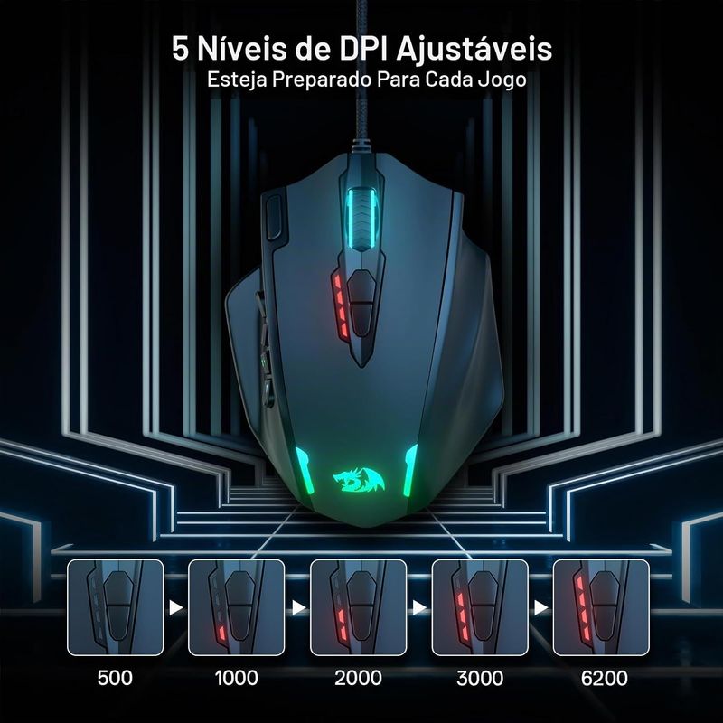 Mouse Redragon M908 Impact RGB 12400DPI, 12 Botões Programáveis