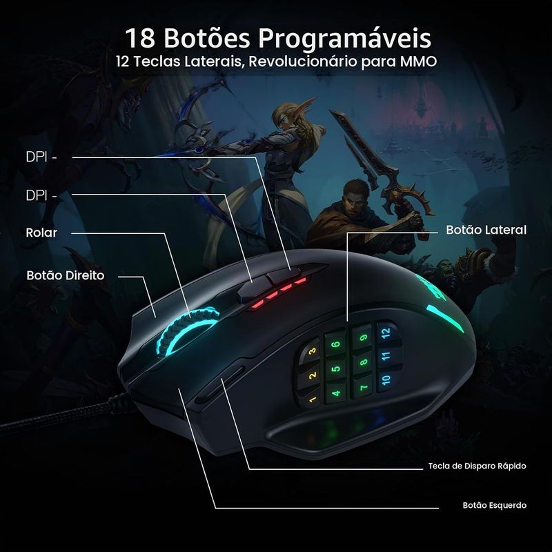 Mouse Redragon M908 Impact RGB 12400DPI, 12 Botões Programáveis