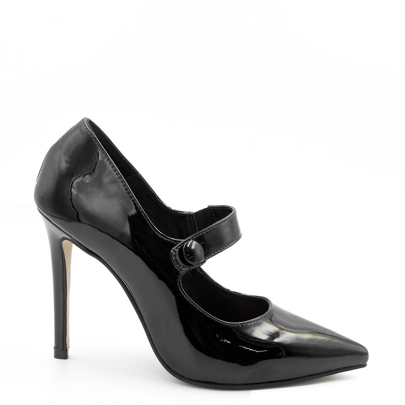 Scarpin Salto Agulha Bico Fino Madona Preto Verniz