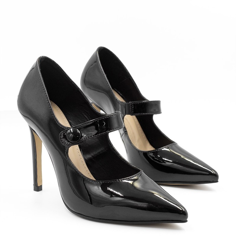 Scarpin Salto Agulha Bico Fino Madona Preto Verniz