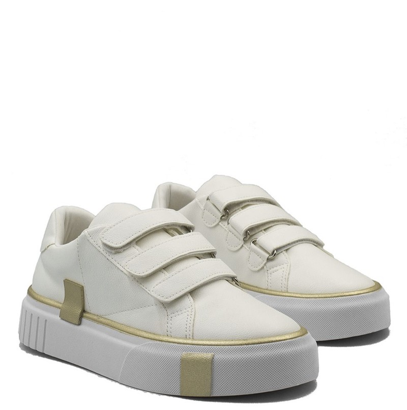 Tênis Mary Velcro Branco Dourado