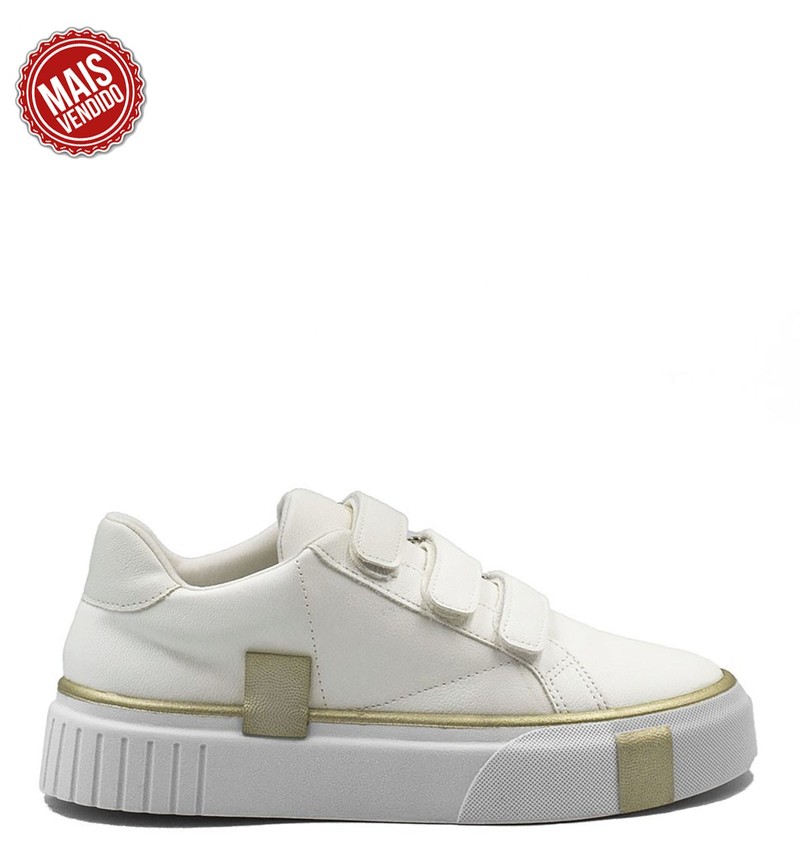 Tênis Mary Velcro Branco Dourado