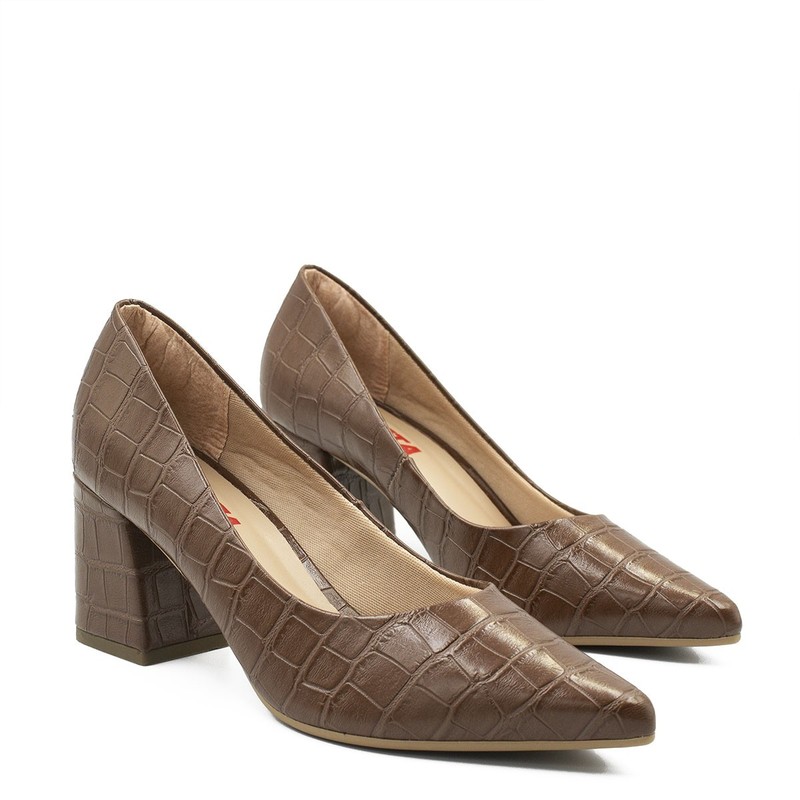 Scarpin Claire Salto Grosso Café Croco