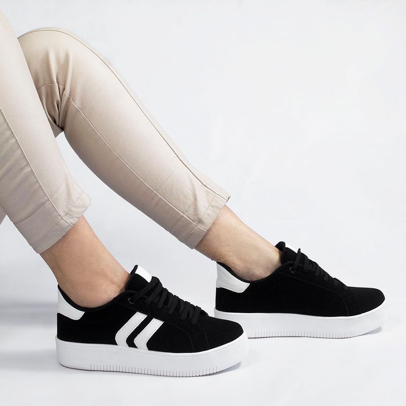 Tênis Casual  Duas Listras Lateral Lídia Nobuck Preto
