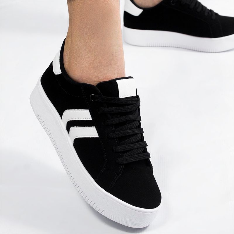 Tênis Casual  Duas Listras Lateral Lídia Nobuck Preto