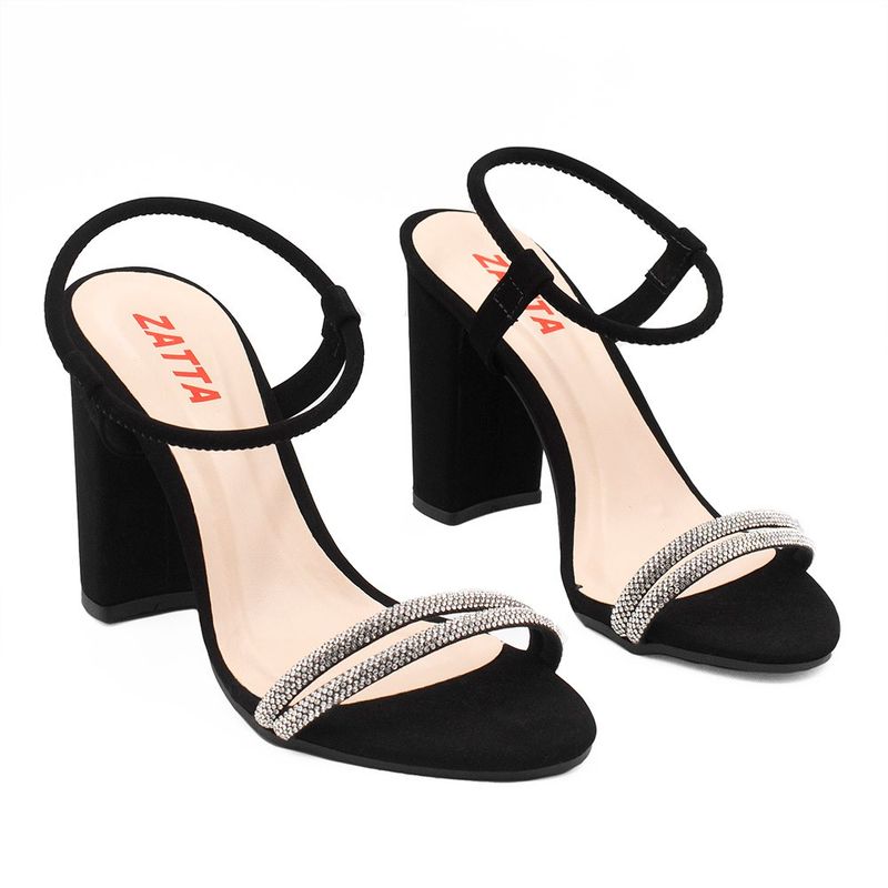 Sandália Salto Alto Tiras Strass Bruna Preto Nobuck