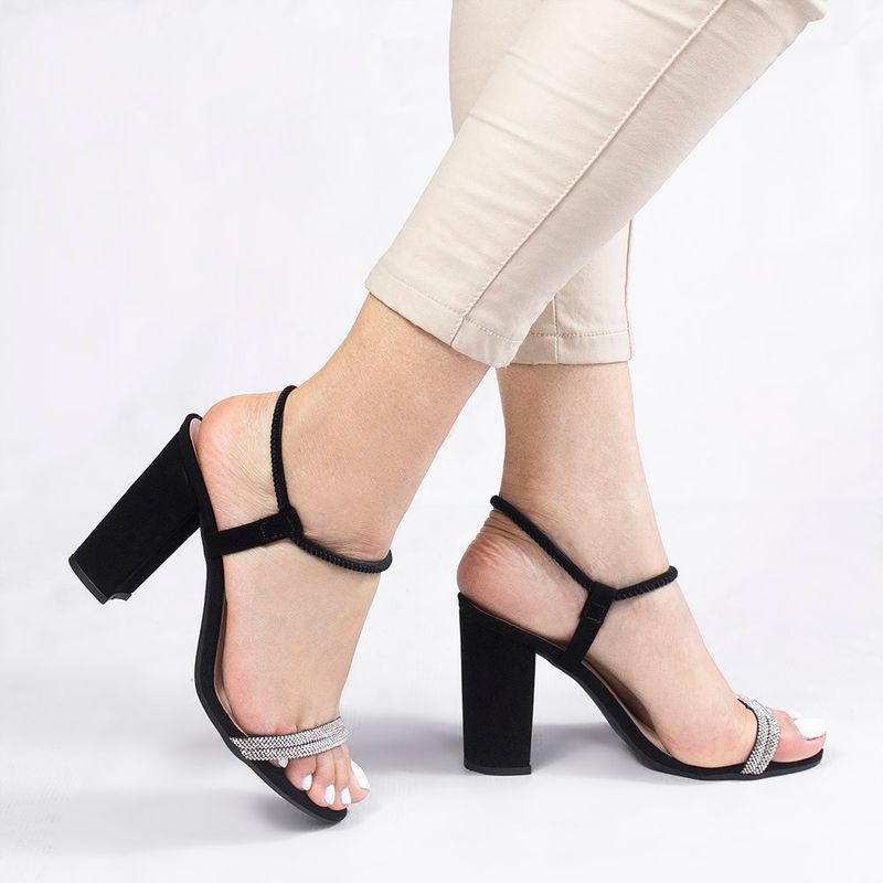 Sandália Salto Alto Tiras Strass Bruna Preto Nobuck