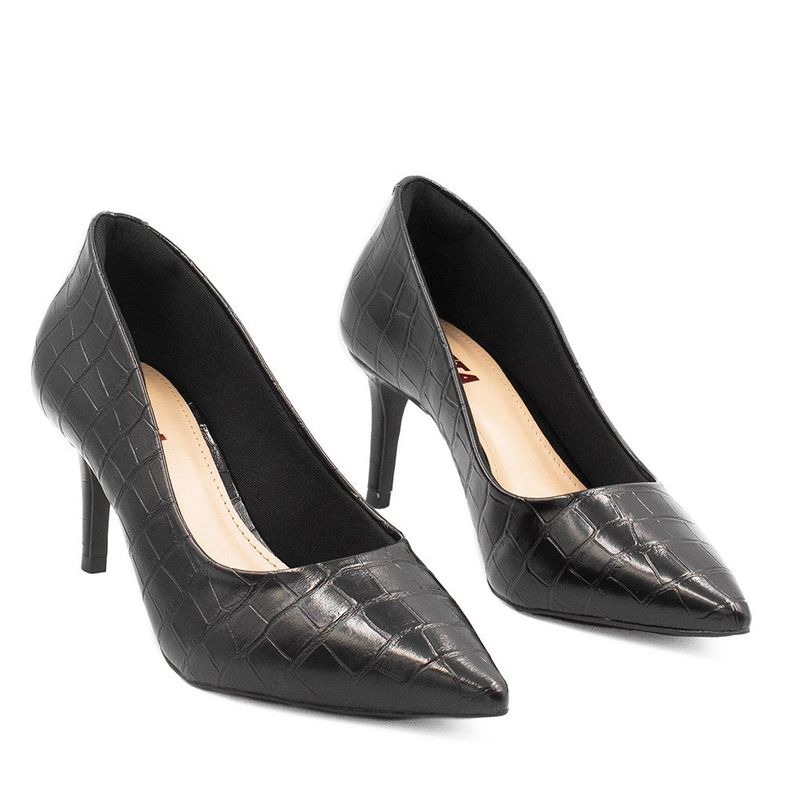 Scarpin Salto Baixo Bico Fino Lolita Preto Croco