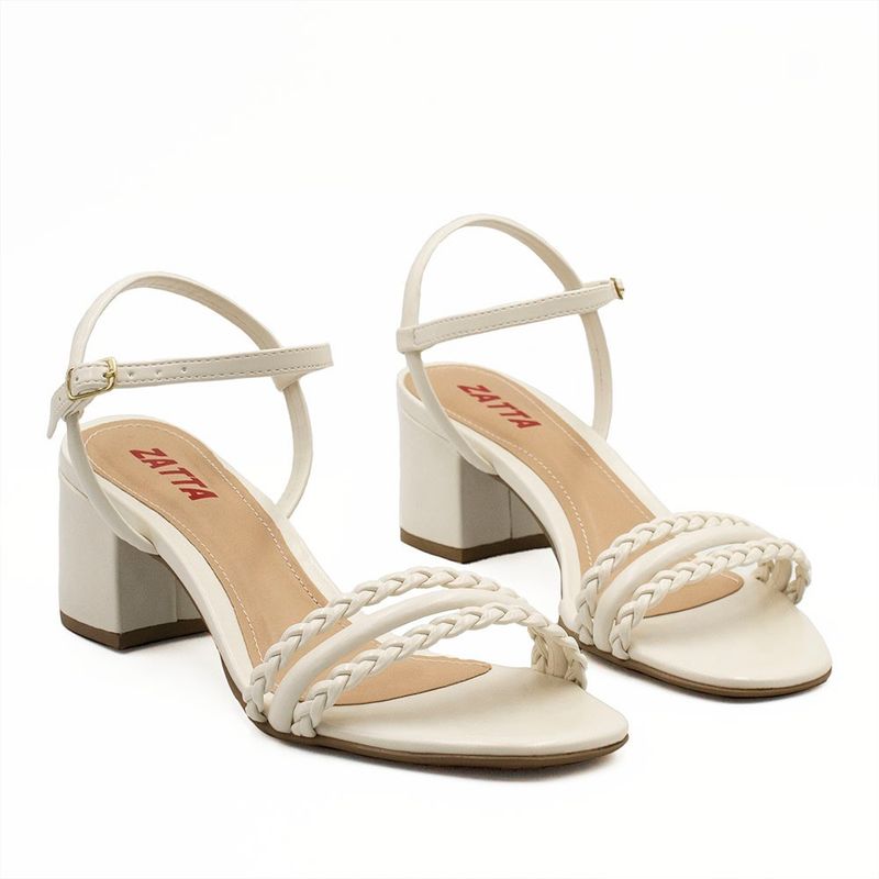 Sandália Zatta Salto Bloco Médio Tiras Trançadas Lilian Off White