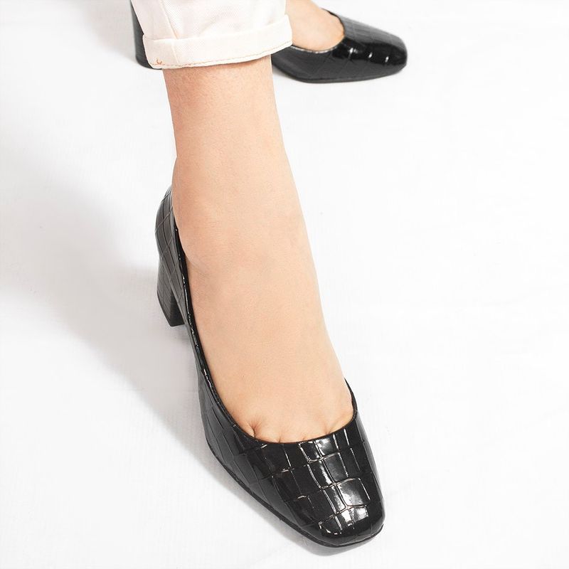 Sapato Retrô Zatta Bico Quadrado Heidi Croco Preto