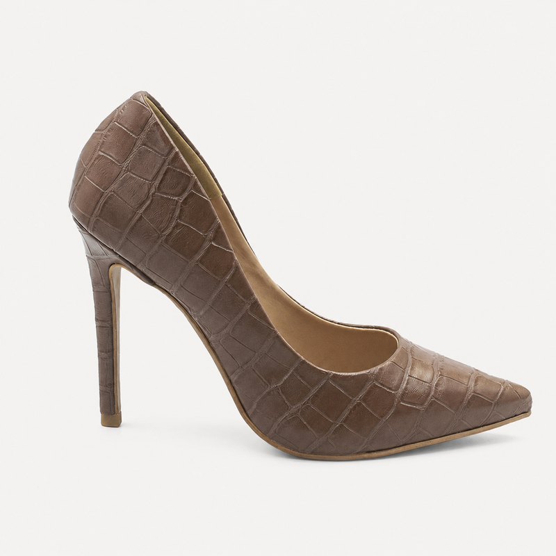 Scarpin Salto Alto Bico Fino Suzy Croco Marrom