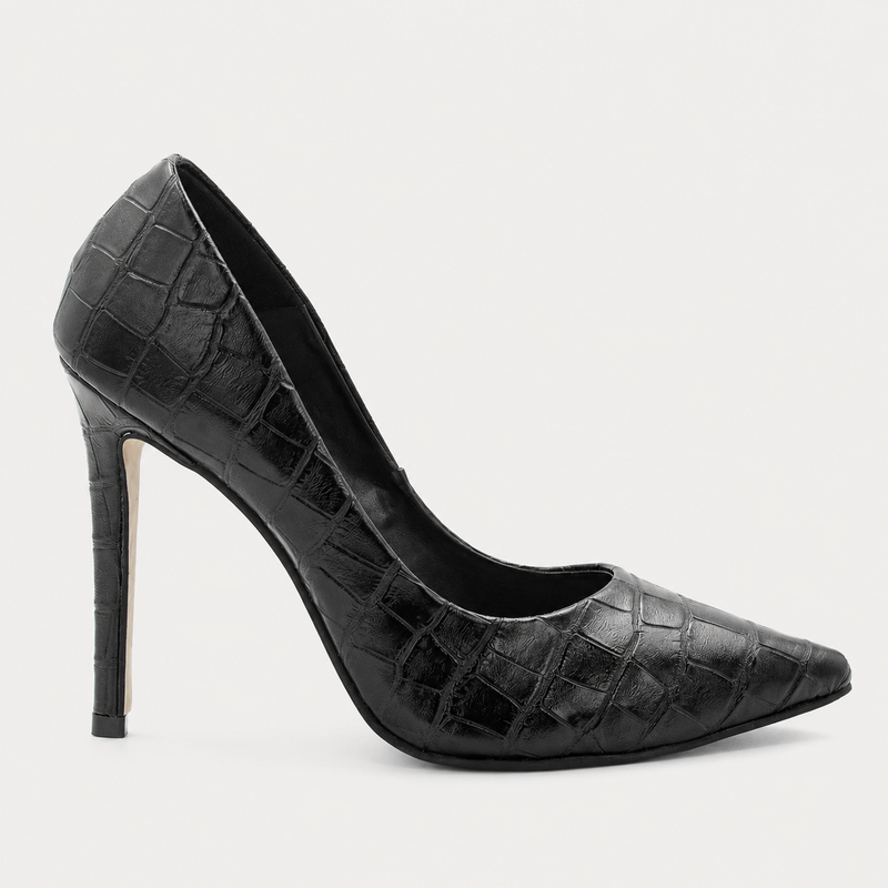 Scarpin Salto Alto  Bico Fino Suzy Croco Preto