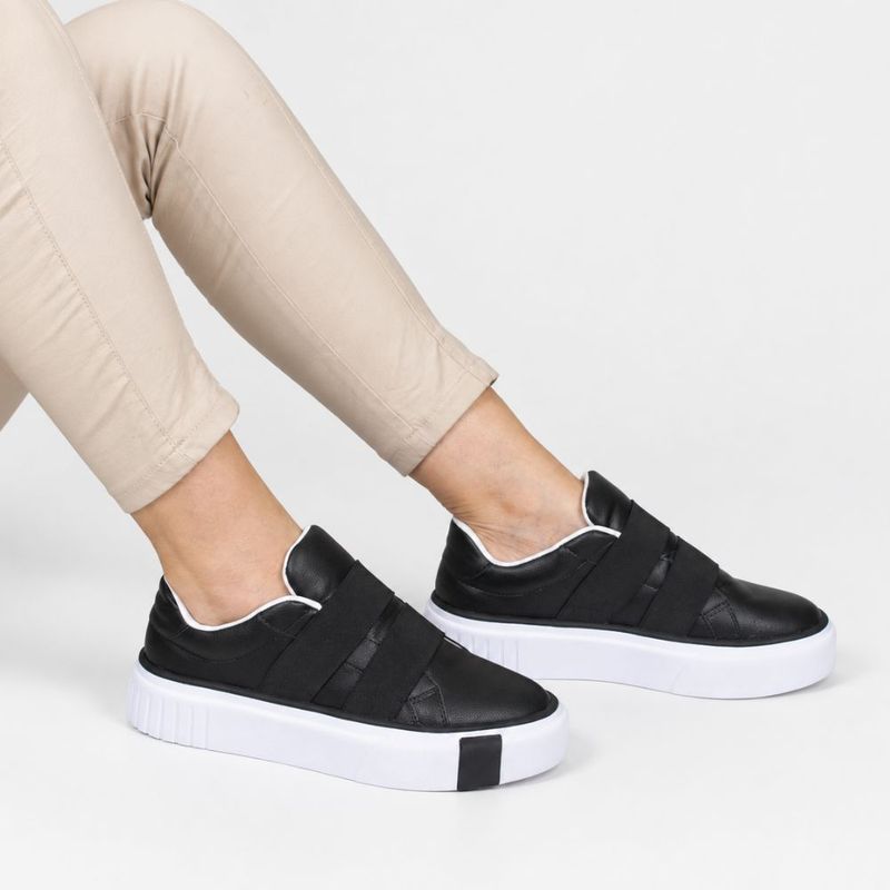 Tênis Zatta Casual  com Elásticos e Solado Alto Luciana Preto