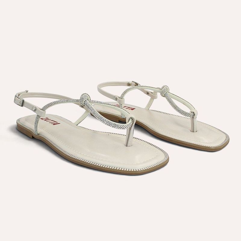 Rasteira Zatta com Strass Nó Frontal  Aurora Off White
