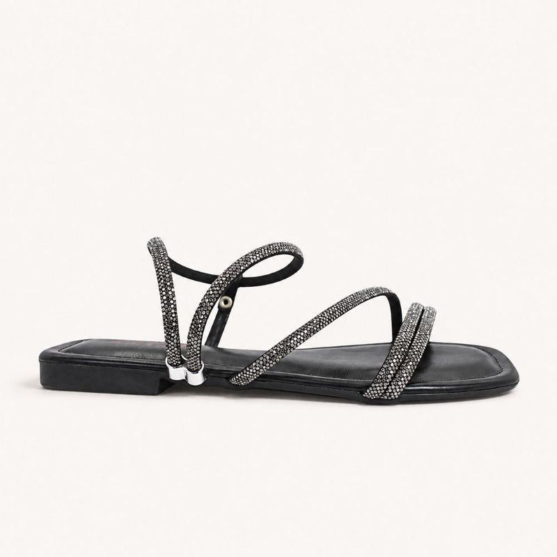 Rasteira Zatta com Tiras de Strass Ariel Preta