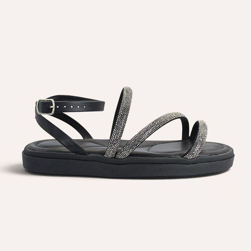 Sandália Papete Zatta Flatform Strass Leona Preta