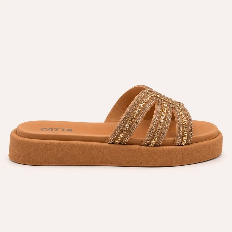 Tamanco Zatta Flatform Pedraria Francine Caramelo