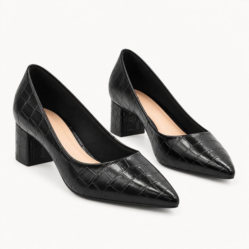 Scarpin Salto Bloco Baixo Leonor Preto Croco