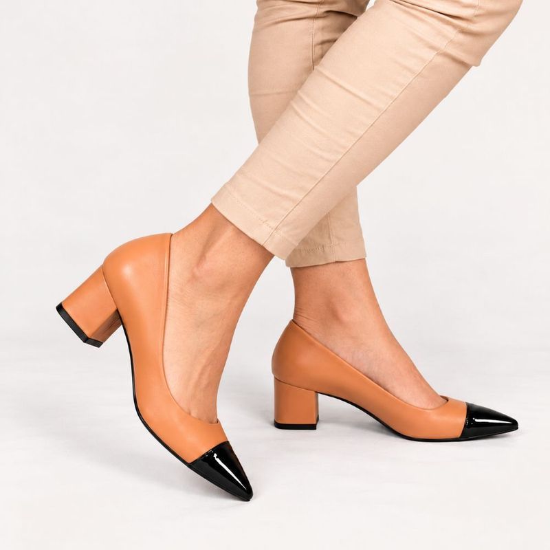 Scarpin Zatta Salto Bloco Meire Bicolor Caramelo