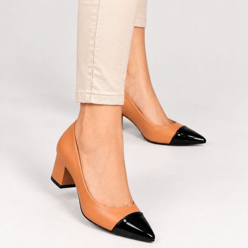 Scarpin Zatta Salto Bloco Meire Bicolor Caramelo