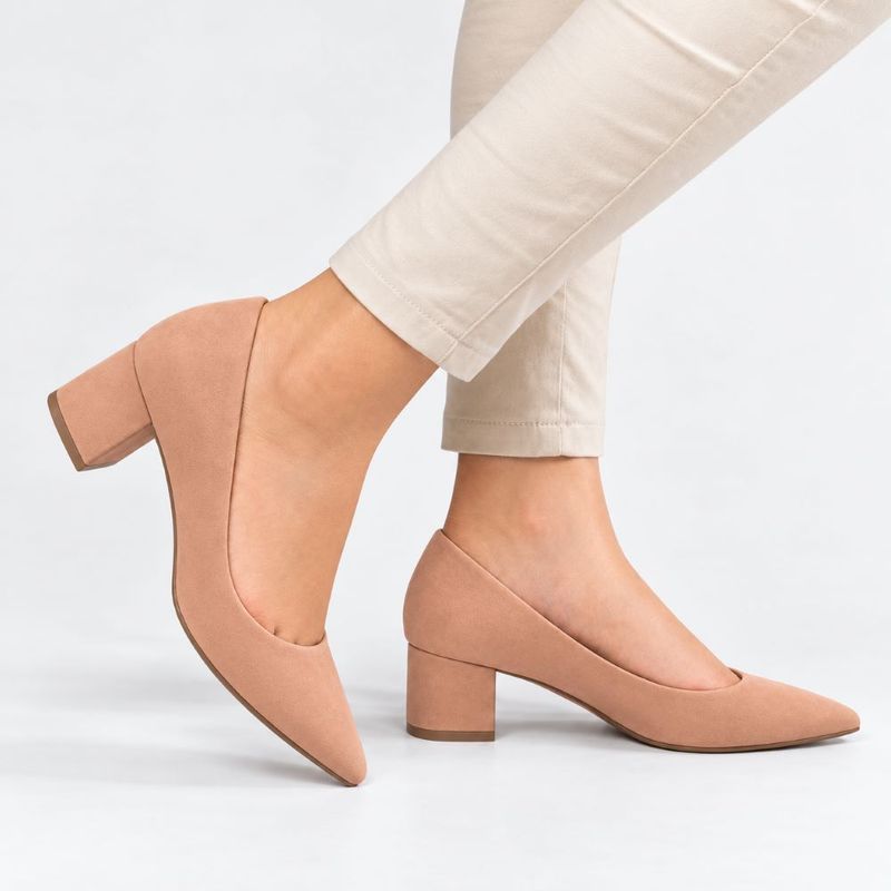 Scarpin Salto Bloco Baixo Leonor Nobuck Nude