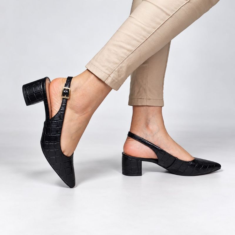 Scarpin Zatta Slingback Salto Médio Denise Texturizado Preto