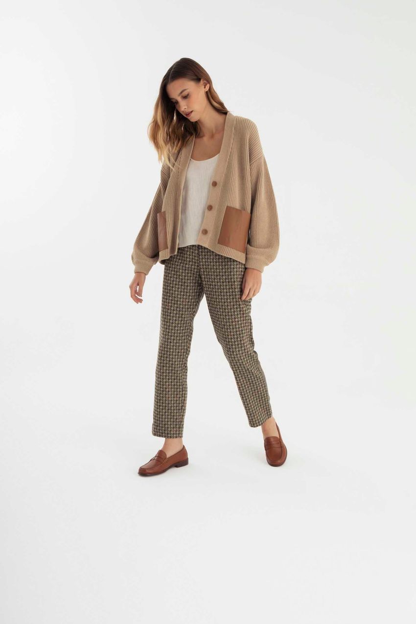 Cardigan Bolso Couro Cáqui