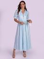 Vestido Listras Finas com Manga Bufante Azul e Branco