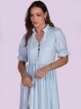 Vestido Listras Finas com Manga Bufante Azul e Branco