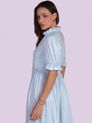 Vestido Listras Finas com Manga Bufante Azul e Branco