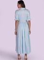 Vestido Listras Finas com Manga Bufante Azul e Branco