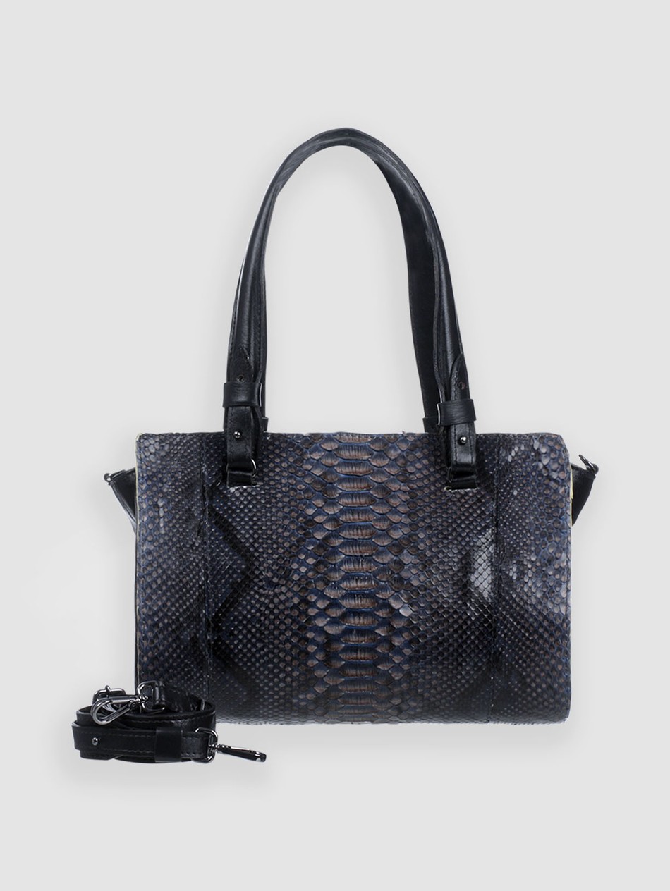 BOLSA MANJOLEIRO DUPLA FACE COURO PIRARUCU E PYTHON OFF WHITE E AZUL