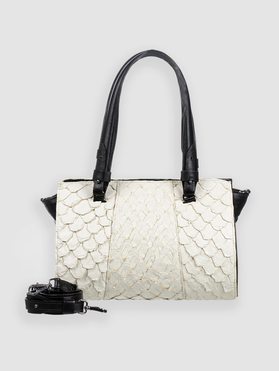 BOLSA MANJOLEIRO DUPLA FACE COURO PIRARUCU E PYTHON OFF WHITE E AZUL