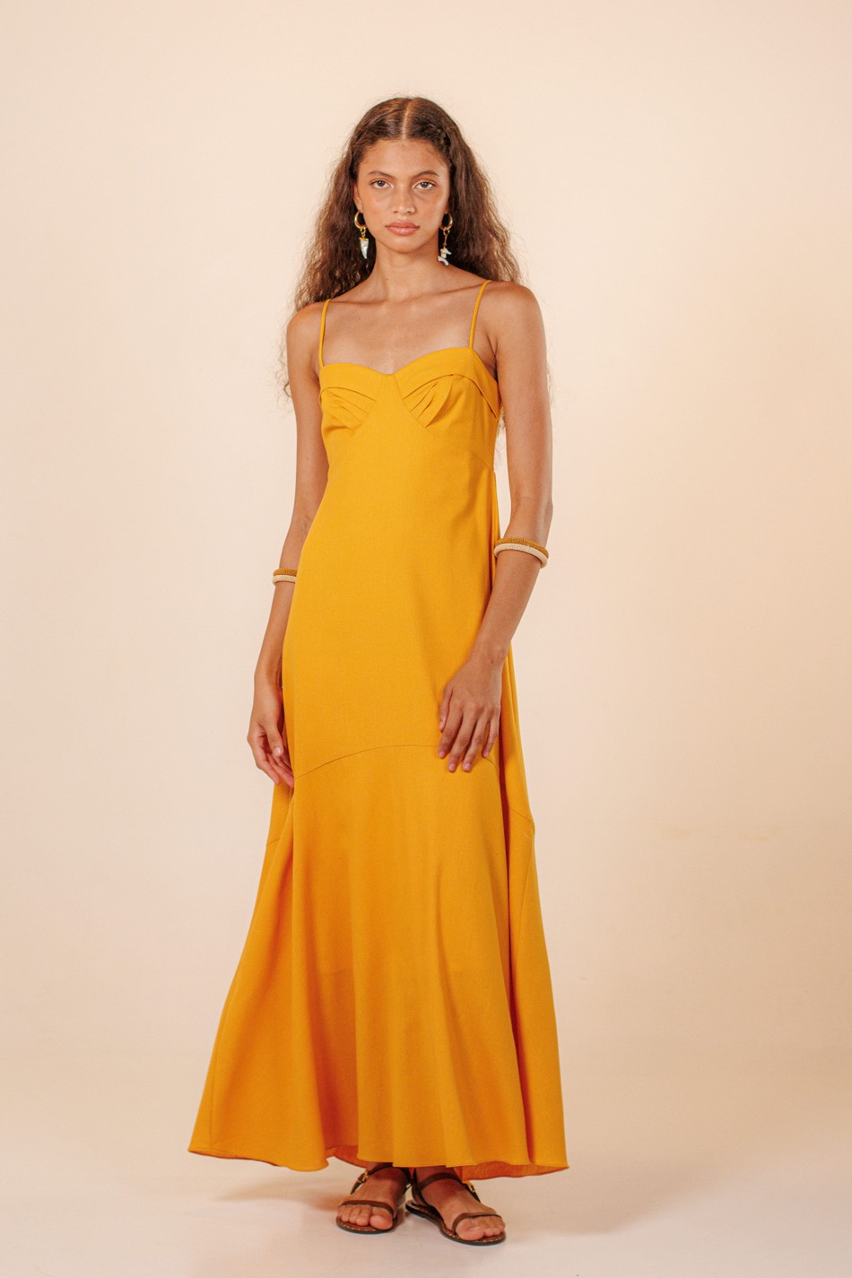 Vestido Longo com Busto Estruturado Linho Martha Amarelo