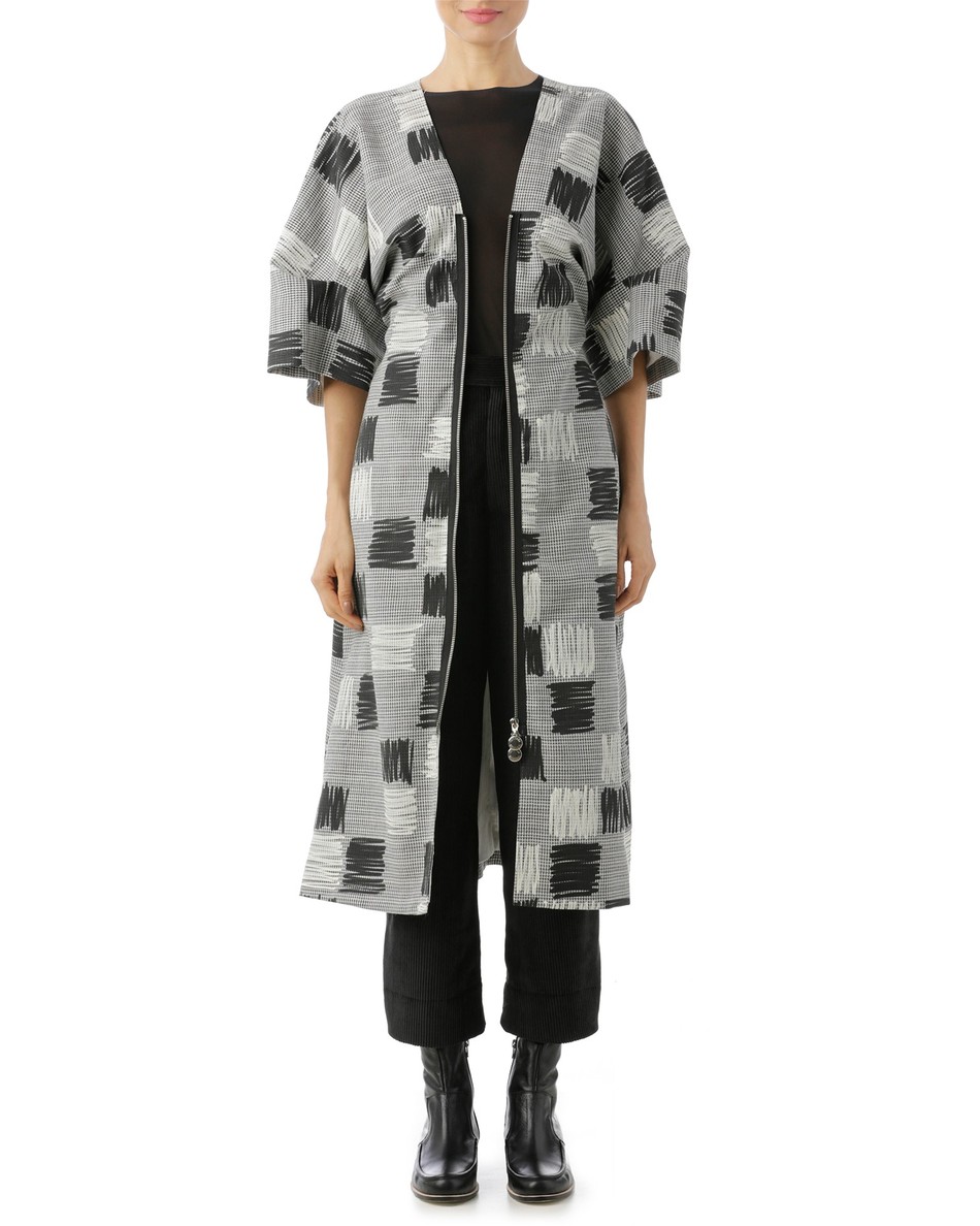 vestido/ casaco manga ampla estampa manual preto e branco
