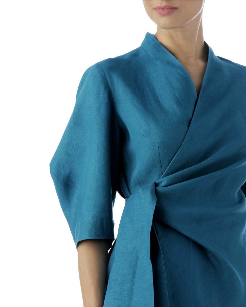 blusa transpasse drapeado azul esmeralda