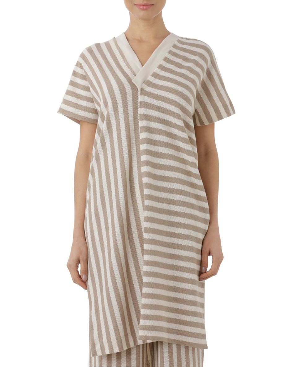 Blusa Comprida Listra Bege e Branco