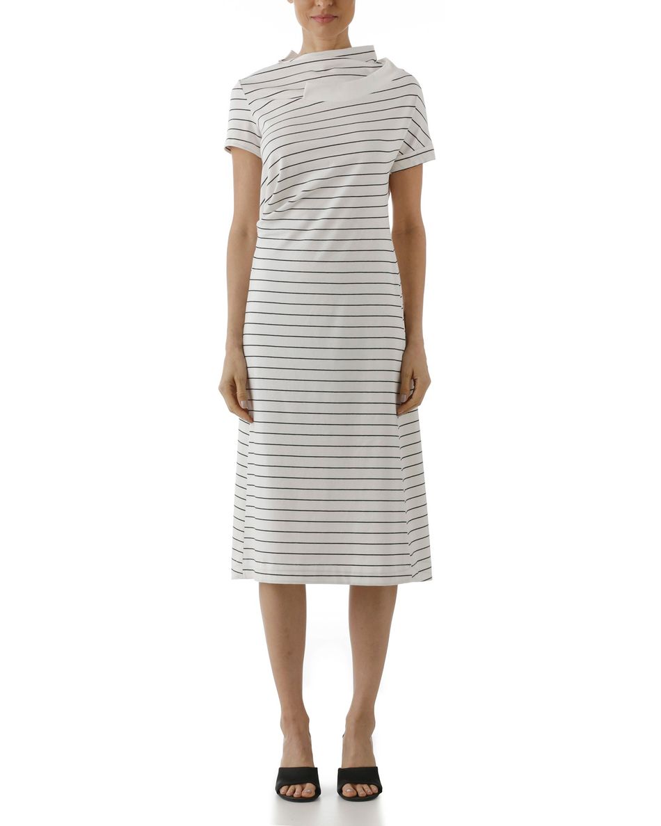 Vestido Drapeado Listra Fina Branco & Preto