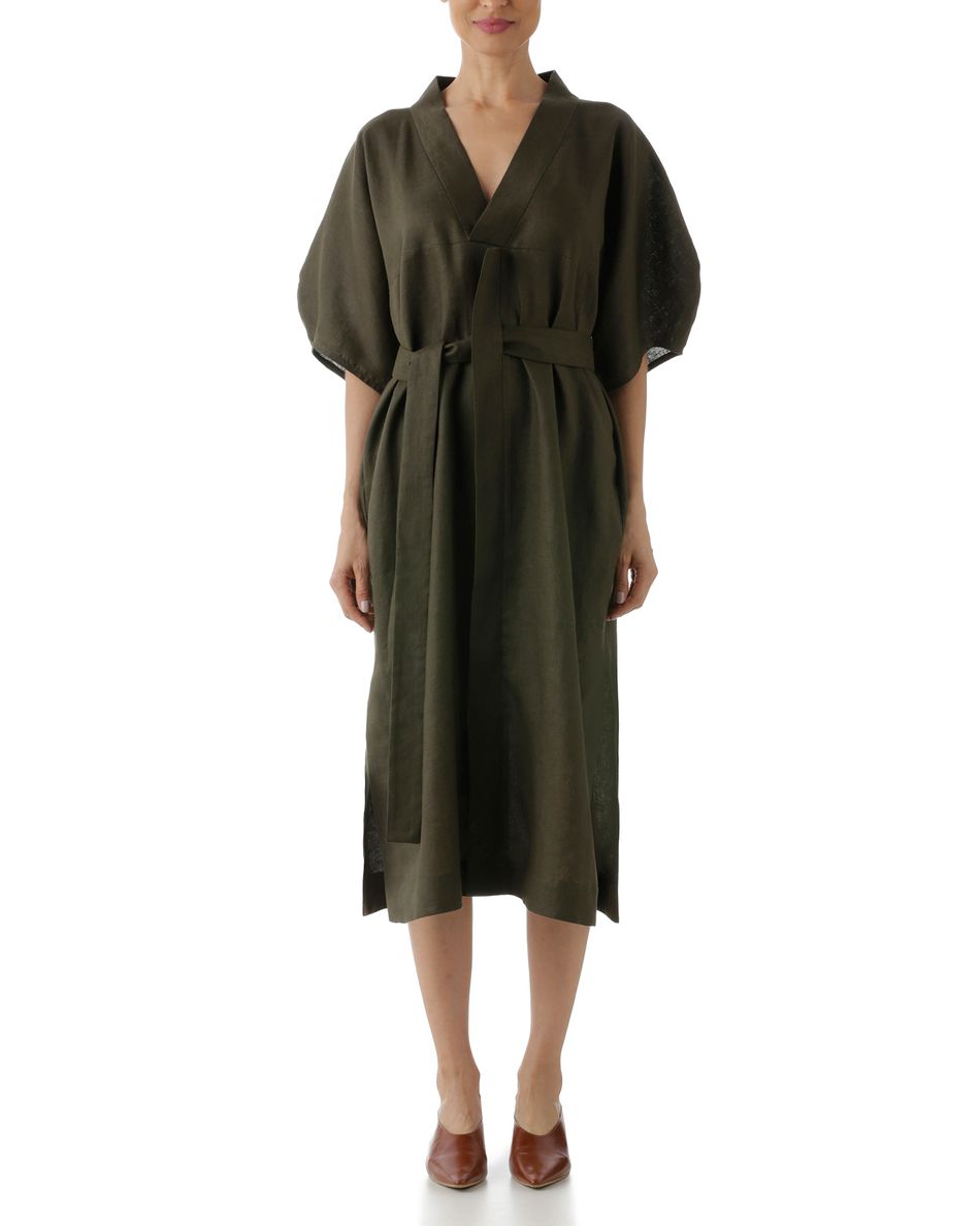 Vestido Quimono em Linho Verde Militar
