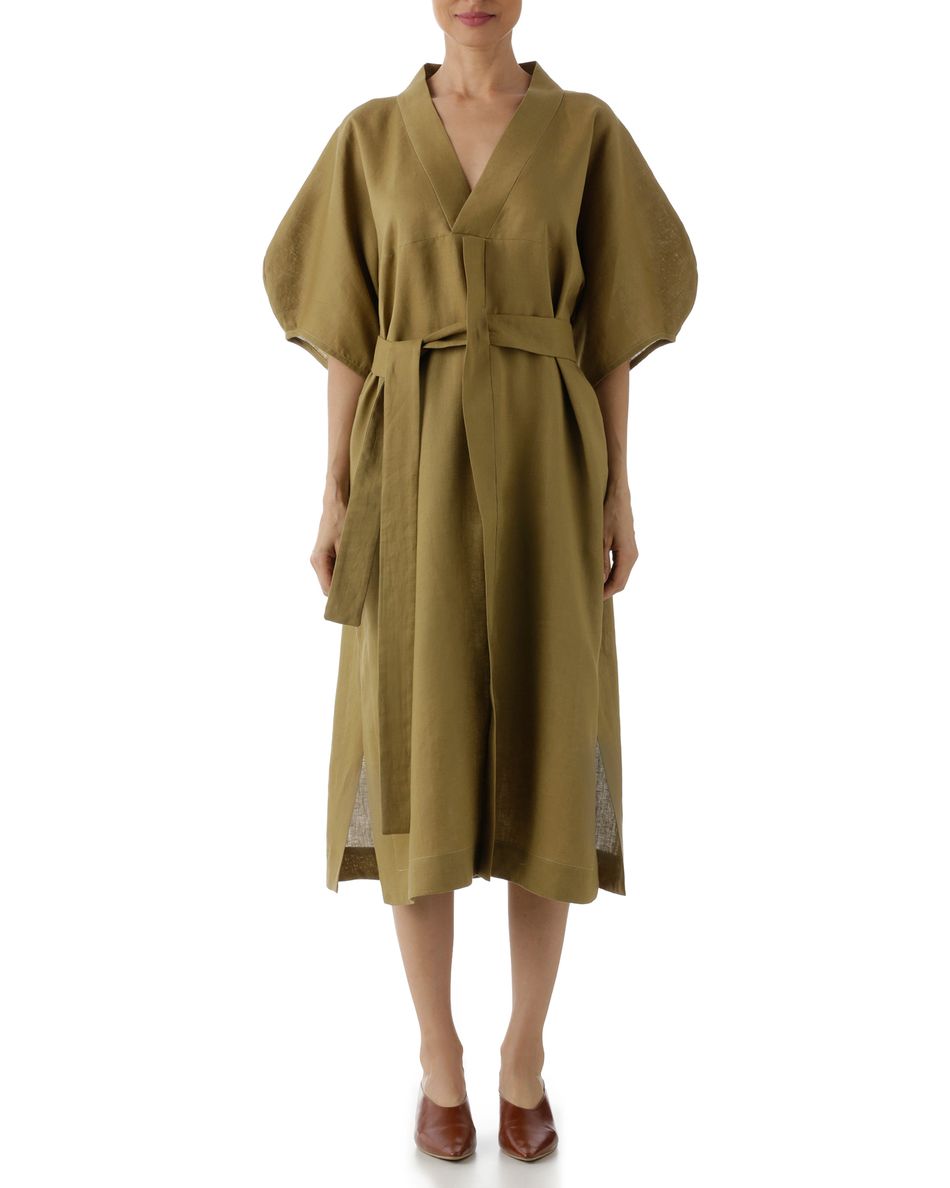 Vestido Quimono em Linho Verde-oliva
