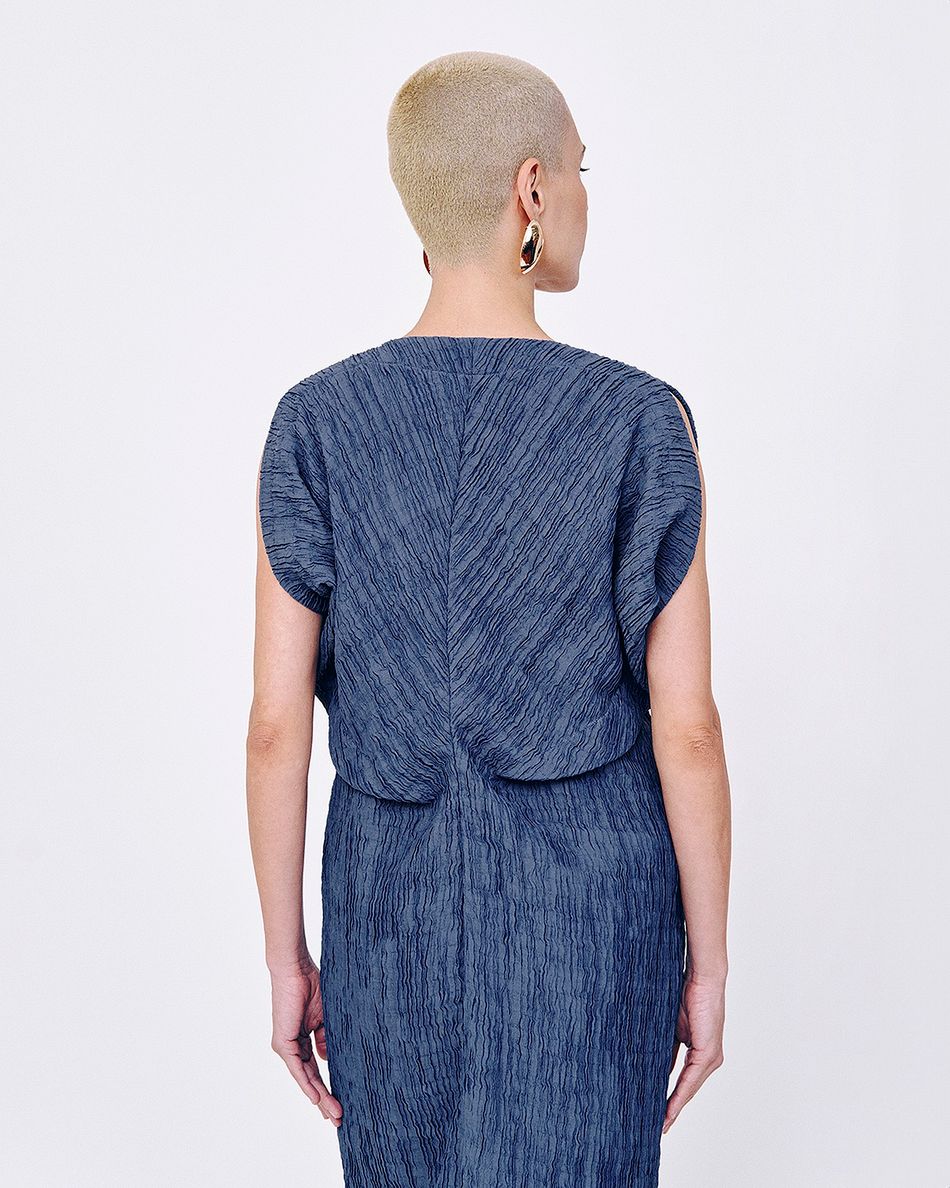 Vestido Plissado Prega Azul