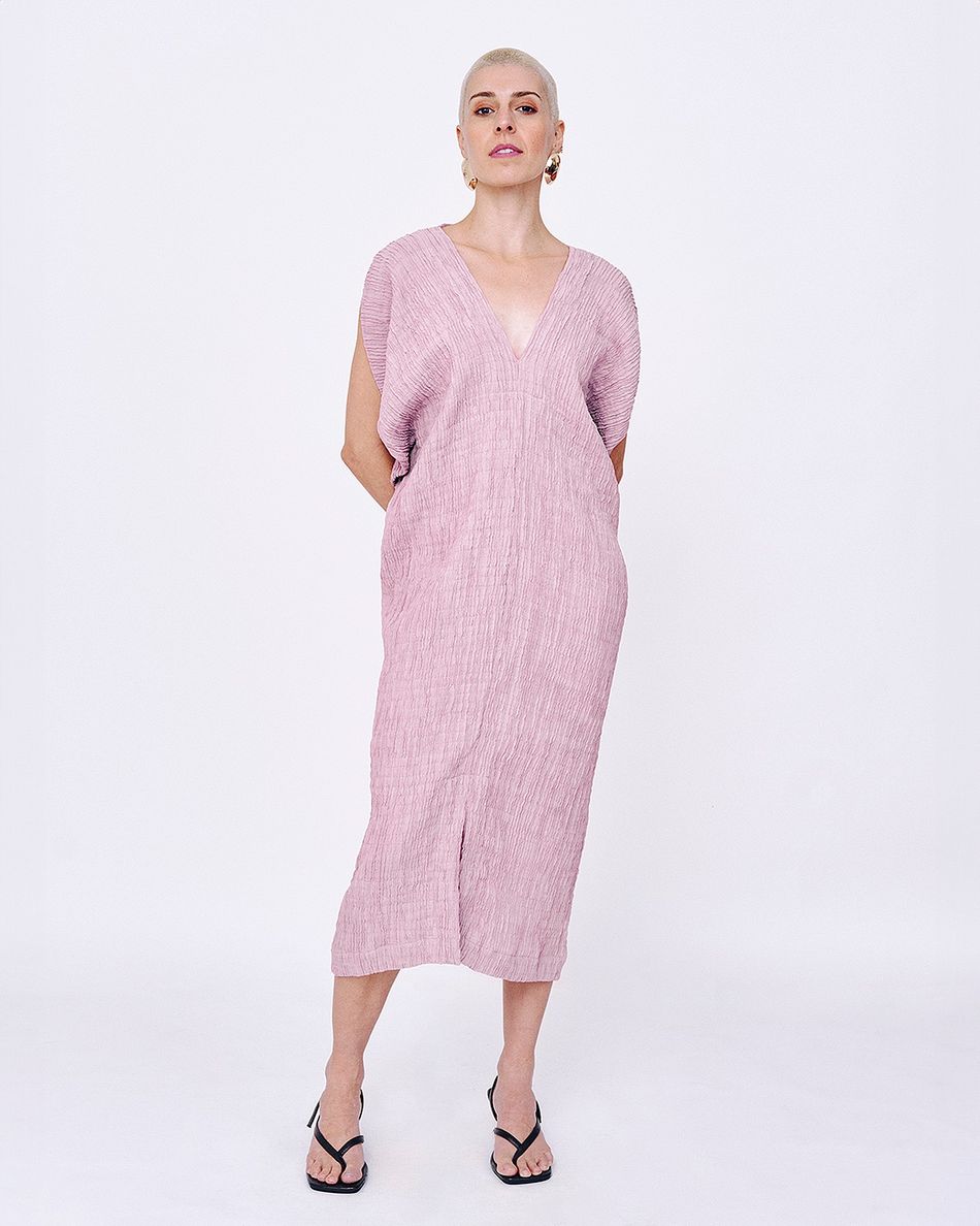 Vestido Plissado Prega Rosa