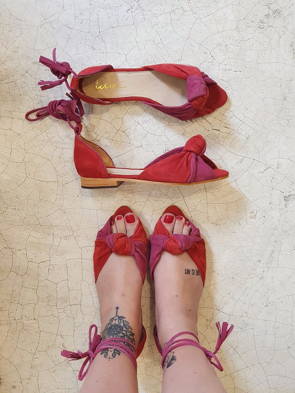 Sandália Turbante Bicolor Flat Rosa e Vermelha