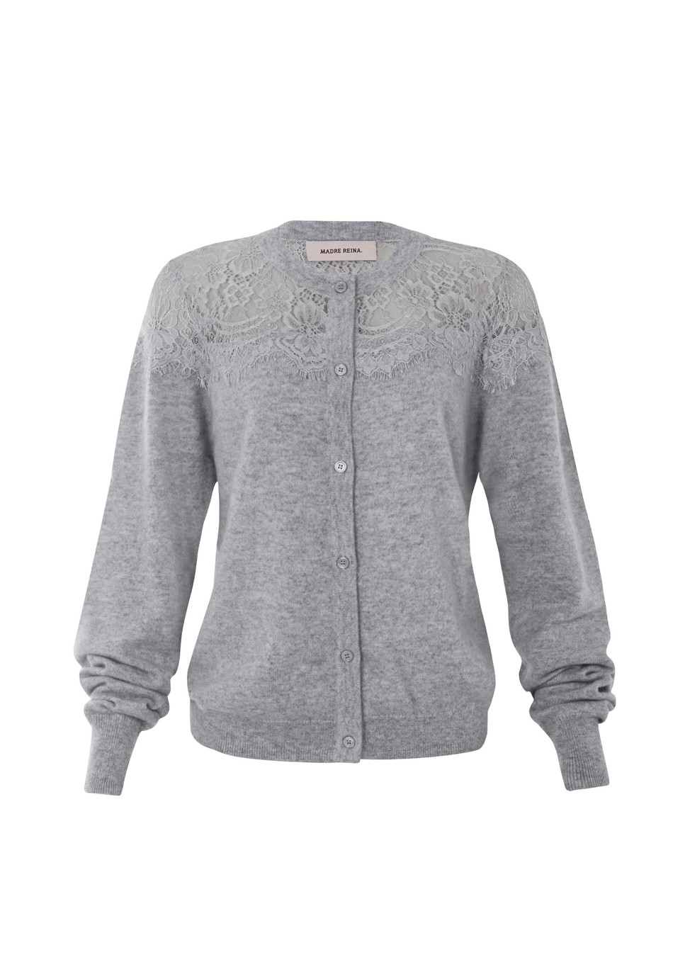 CARDIGAN CASHMERE C/APLICACOES EM RENDA CINZA