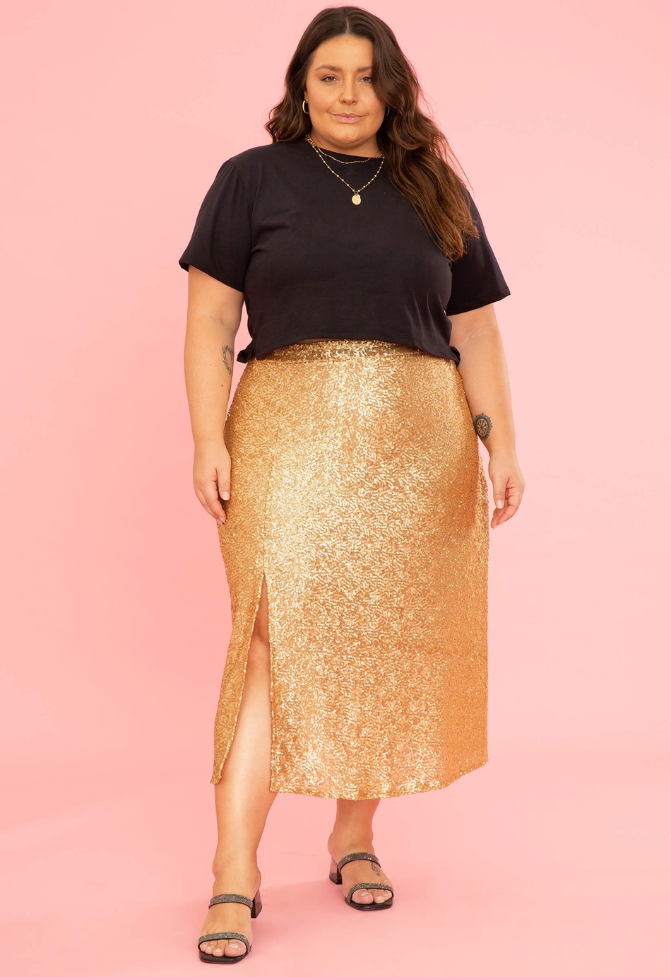 SAIA MIDI DE PAETÊ DOURADO HELENA